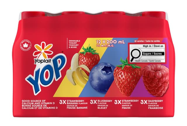 Yoplait Yop 1% Drinkable Yogurt, Strawberry, Blueberry, Raspberry, and Strawberry Banana image